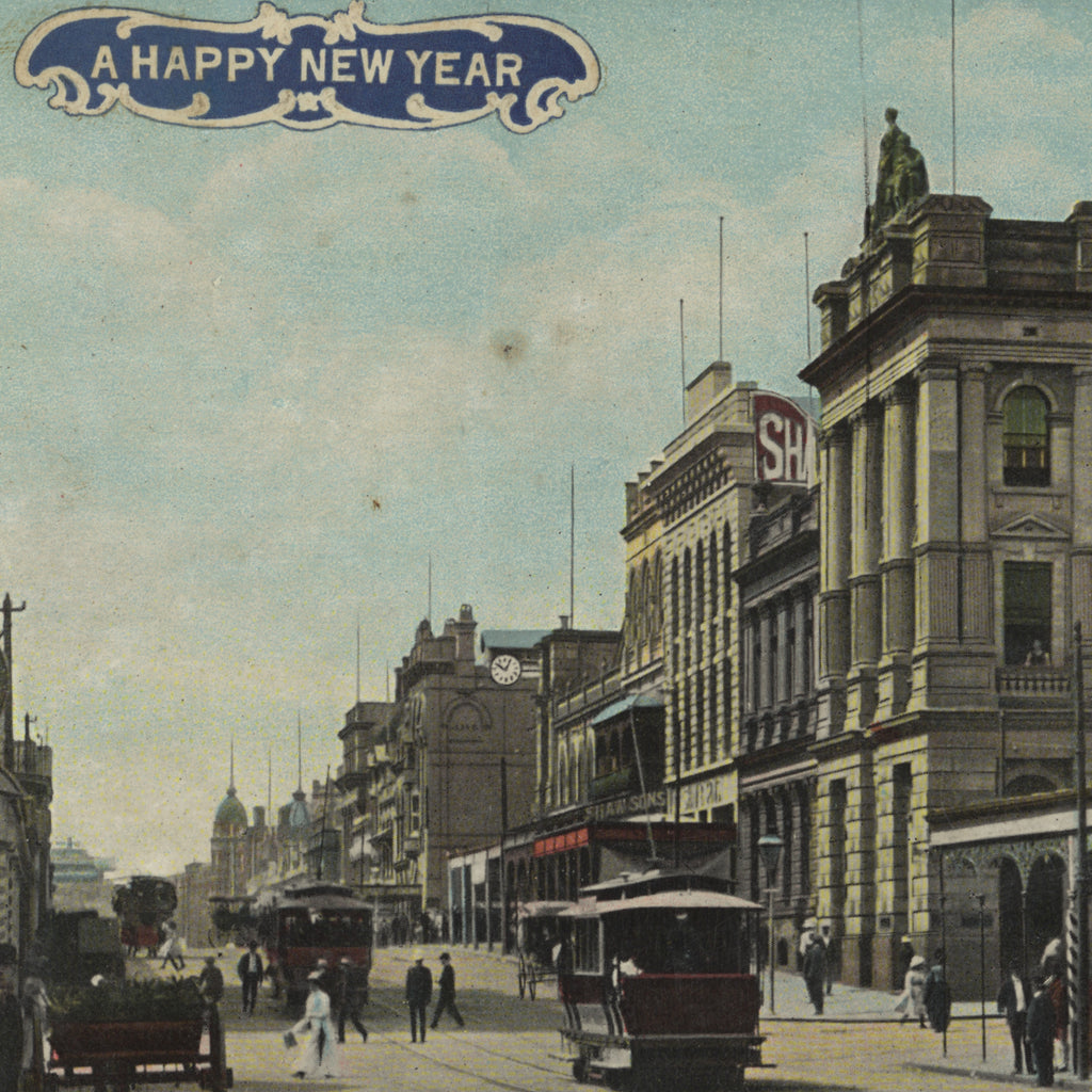 New Year Postcard showing Queen Street, Brisbane, 1908